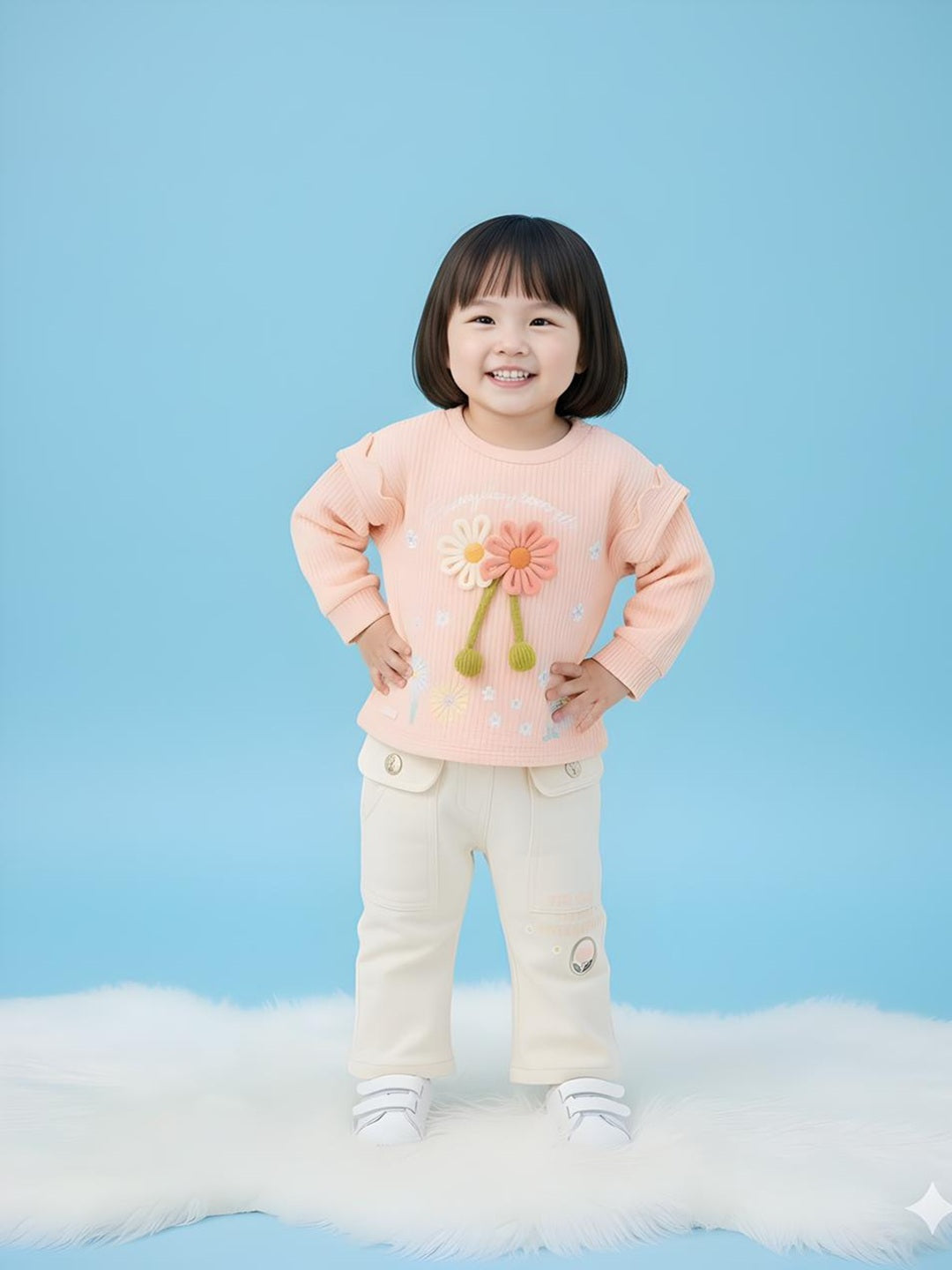 Girls Floral Knit Top & Cream Pants Outfit Set for Girls
