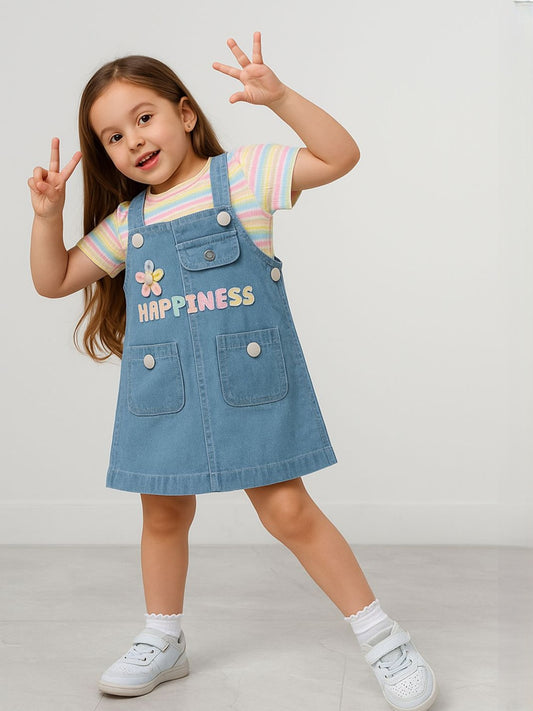 KETI MINI Girls Striped Top and Denim Dungaree