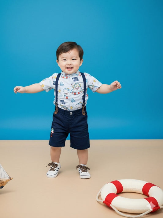 CHOO CHOO Boys Cotton Shirt with Short dungaree Combo