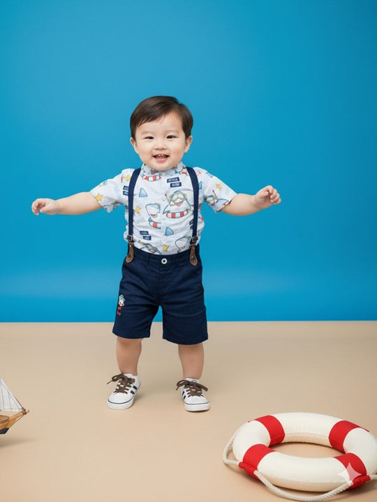 CHOO CHOO Boys Cotton Shirt with Short dungaree Combo