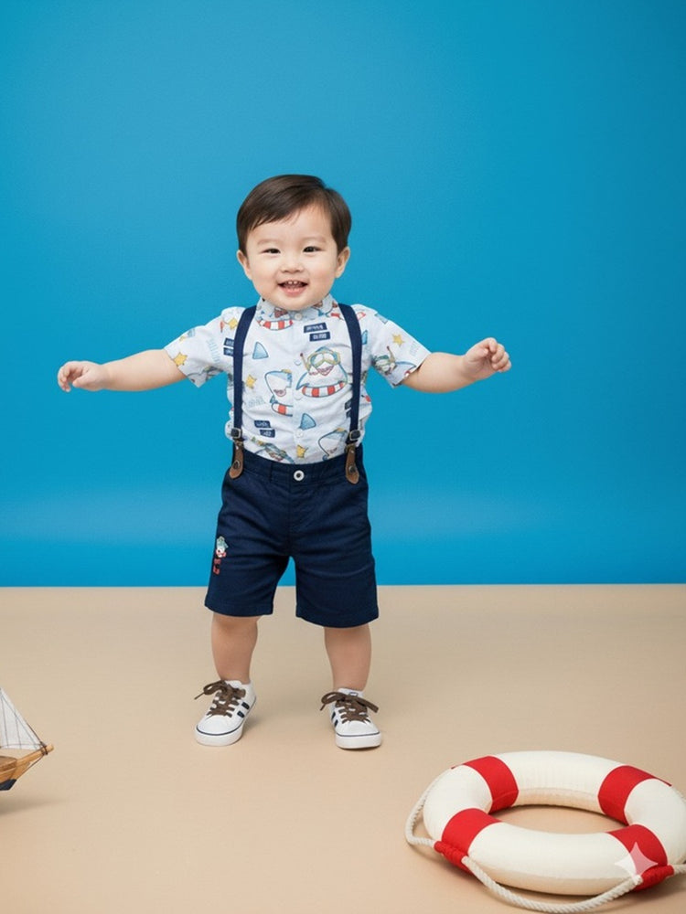 CHOO CHOO Boys Cotton Shirt with Short dungaree Combo