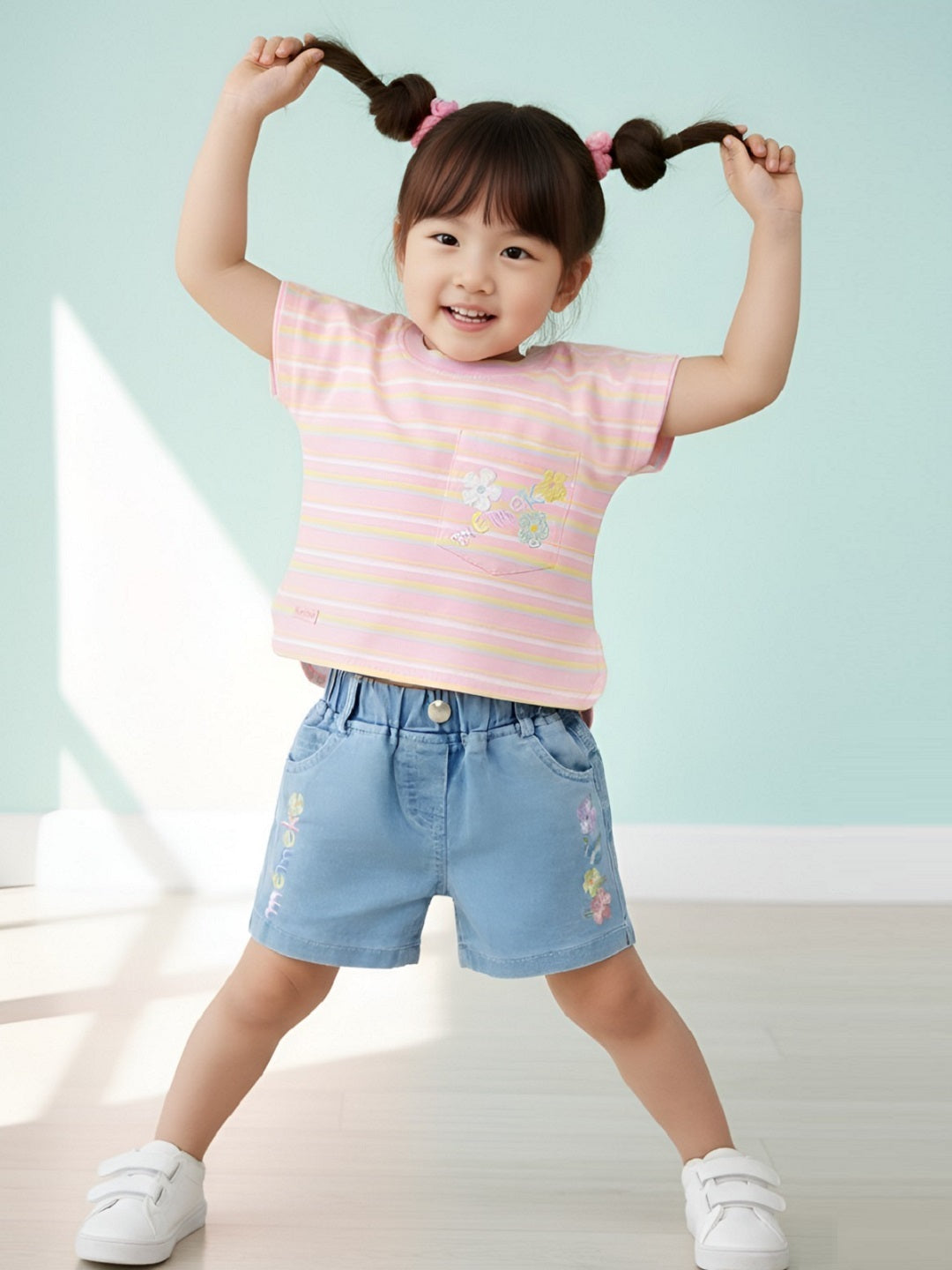 Striped T-Shirt and Denim Shorts Set