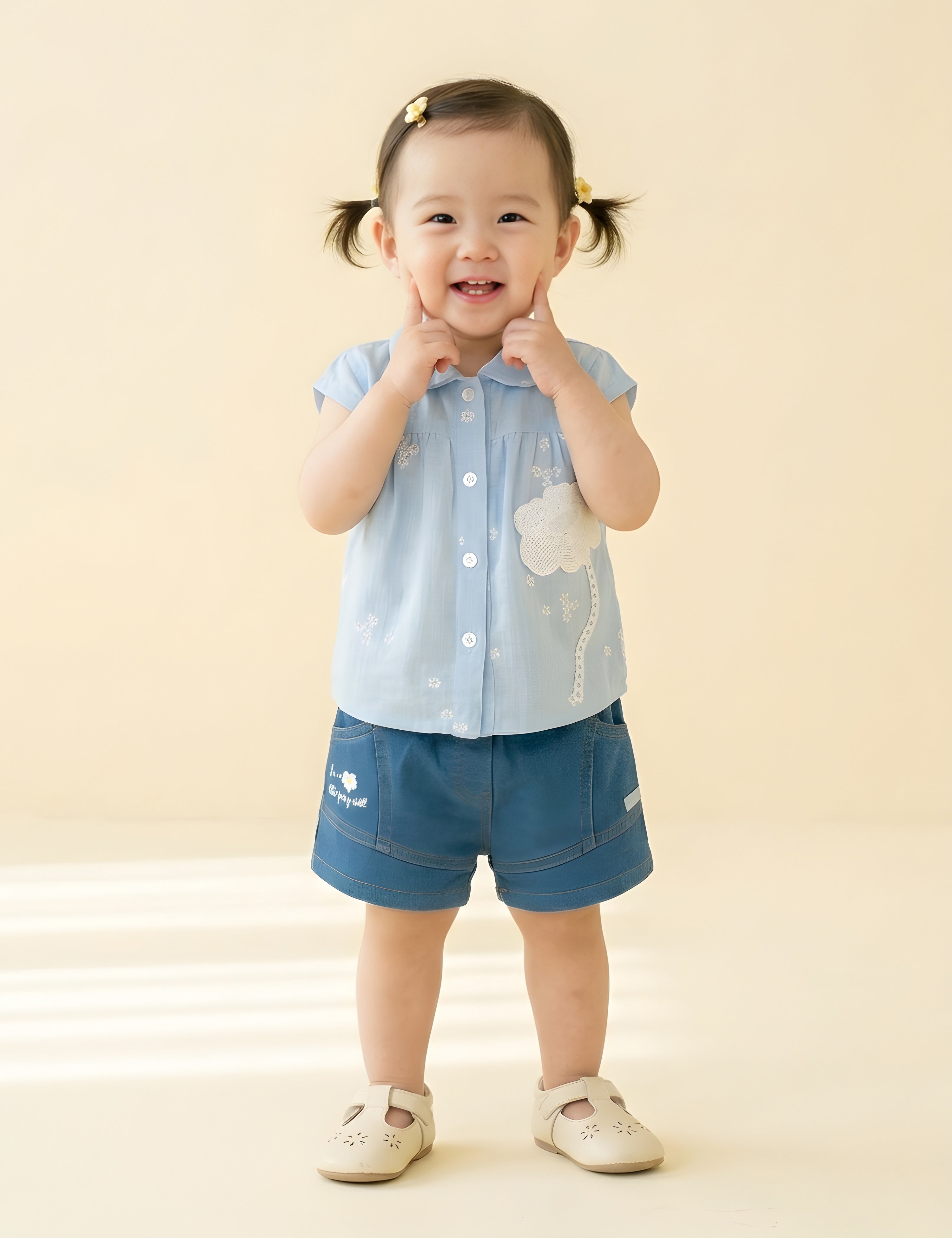 Baby Girls Shirt & Denim Shorts Outfit Set