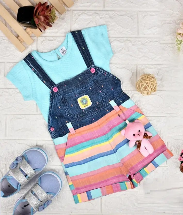 Sweet Rainbow Stripe Denim Overall Shorts Set for Toddler Girls
